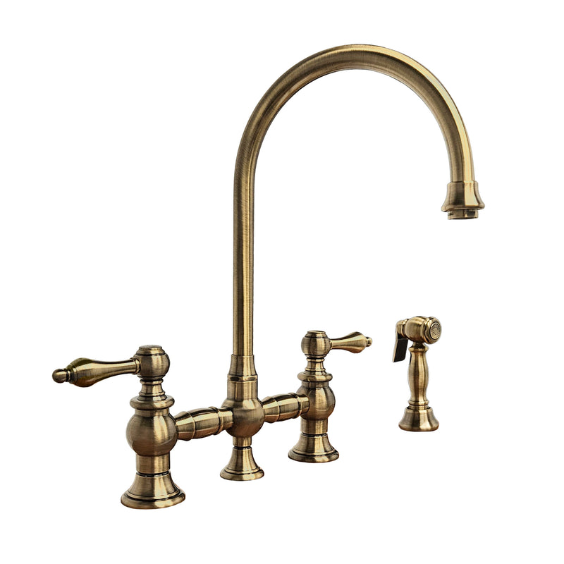 Whitehaus Vintage III Plus Bridge Faucet with Long Gooseneck Swivel Spout, Lever Handles and Solid Brass Side Spray