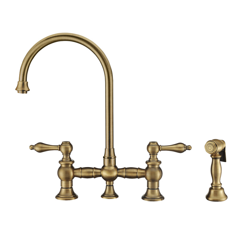 Whitehaus Vintage III Plus Bridge Faucet with Long Gooseneck Swivel Spout, Lever Handles and Solid Brass Side Spray