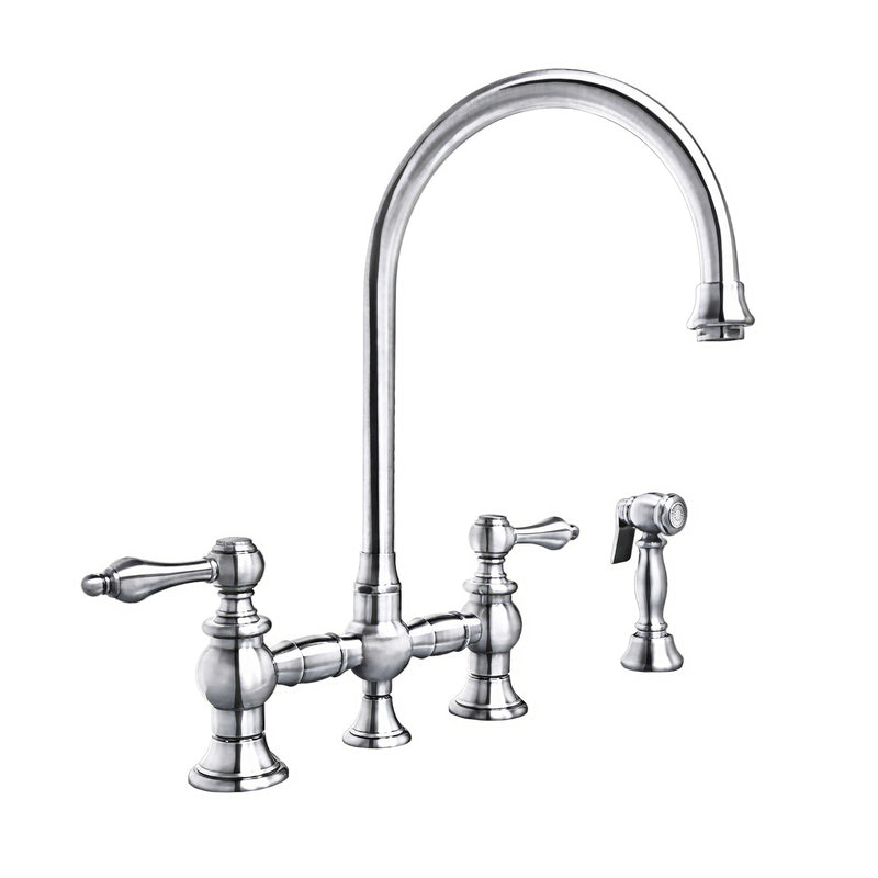 Whitehaus Vintage III Plus Bridge Faucet with Long Gooseneck Swivel Spout, Lever Handles and Solid Brass Side Spray