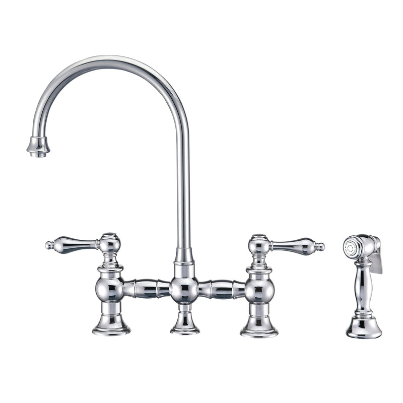 Whitehaus Vintage III Plus Bridge Faucet with Long Gooseneck Swivel Spout, Lever Handles and Solid Brass Side Spray