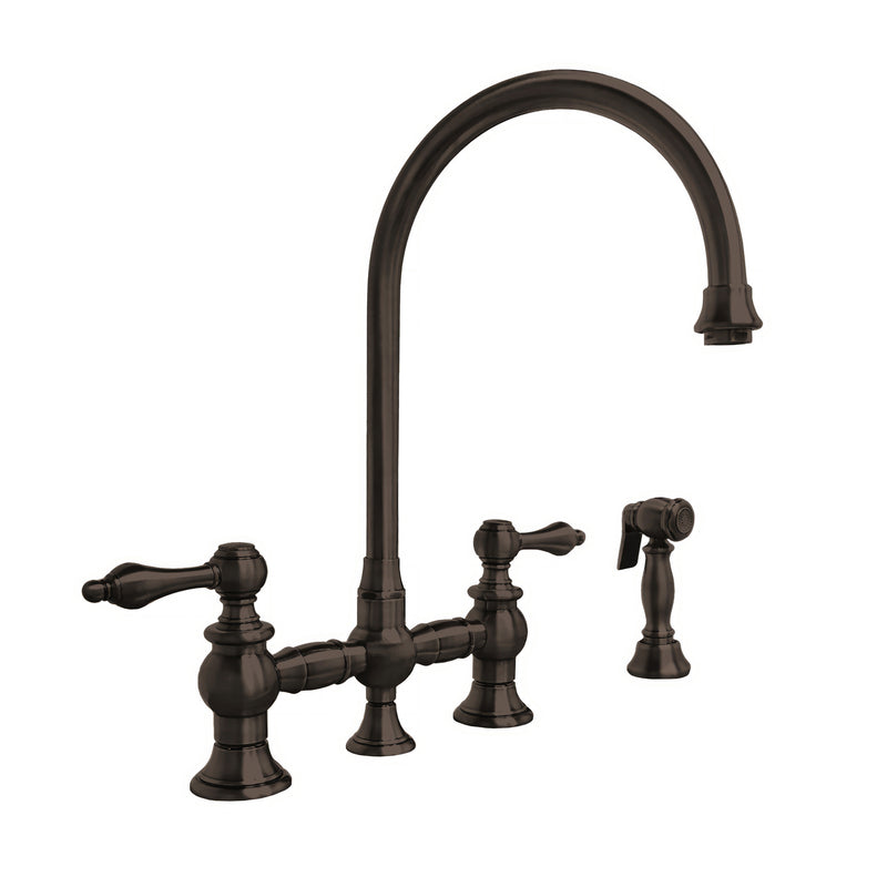 Whitehaus Vintage III Plus Bridge Faucet with Long Gooseneck Swivel Spout, Lever Handles and Solid Brass Side Spray