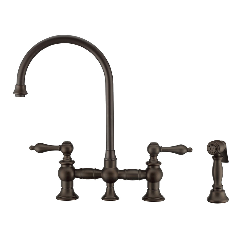 Whitehaus Vintage III Plus Bridge Faucet with Long Gooseneck Swivel Spout, Lever Handles and Solid Brass Side Spray