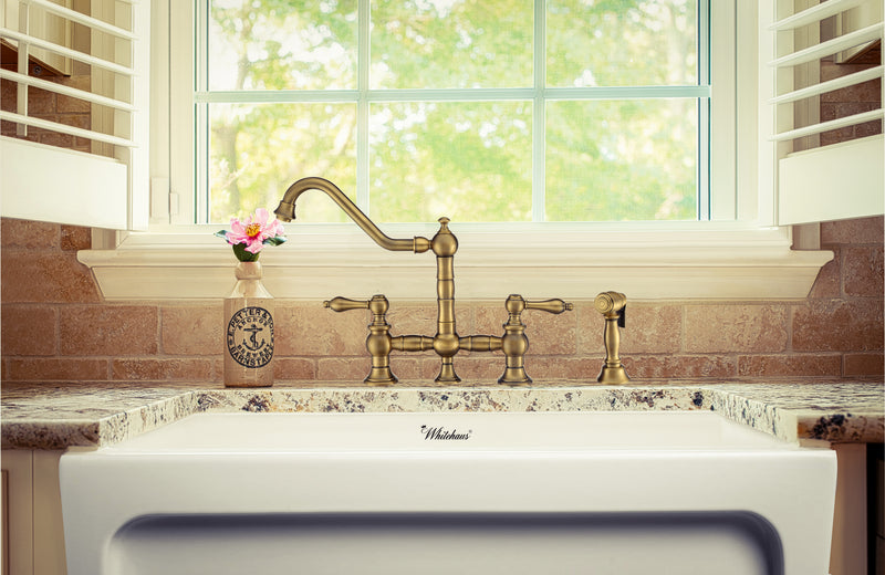 Whitehaus Vintage III Plus Bridge Faucet with Long Traditional Swivel Spout, Lever Handles and Solid Brass Side Spray