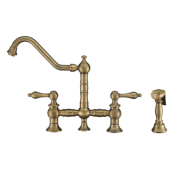 Whitehaus Vintage III Plus Bridge Faucet with Long Traditional Swivel Spout, Lever Handles and Solid Brass Side Spray