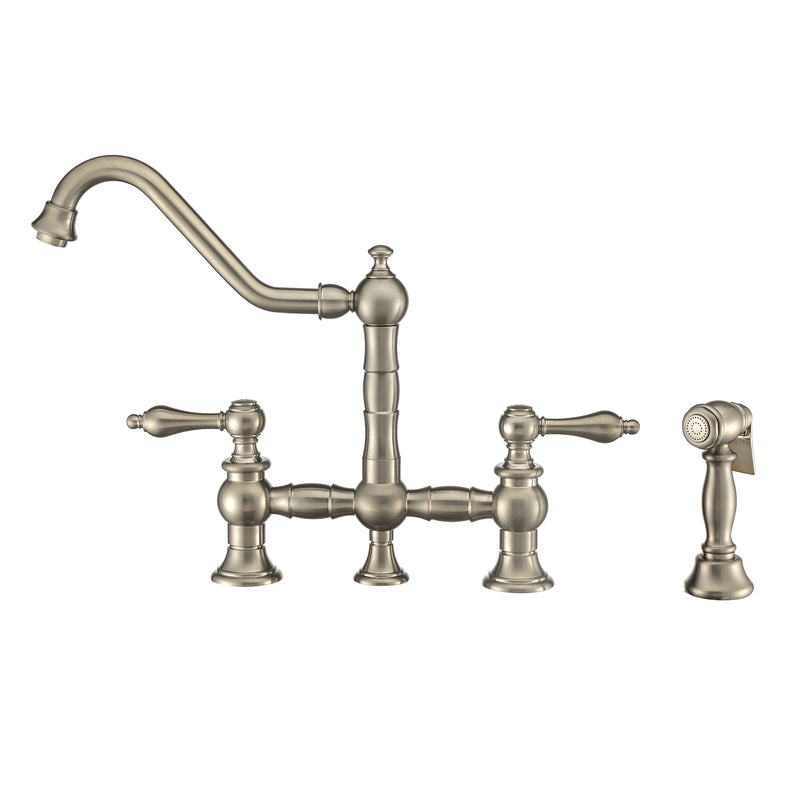 Whitehaus Vintage III Plus Bridge Faucet with Long Traditional Swivel Spout, Lever Handles and Solid Brass Side Spray