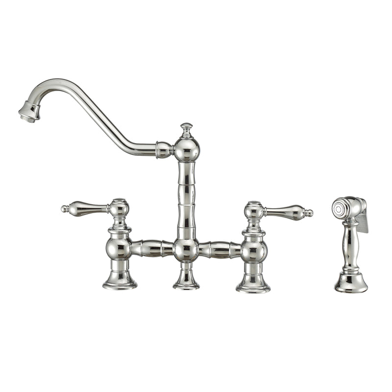 Whitehaus Vintage III Plus Bridge Faucet with Long Traditional Swivel Spout, Lever Handles and Solid Brass Side Spray