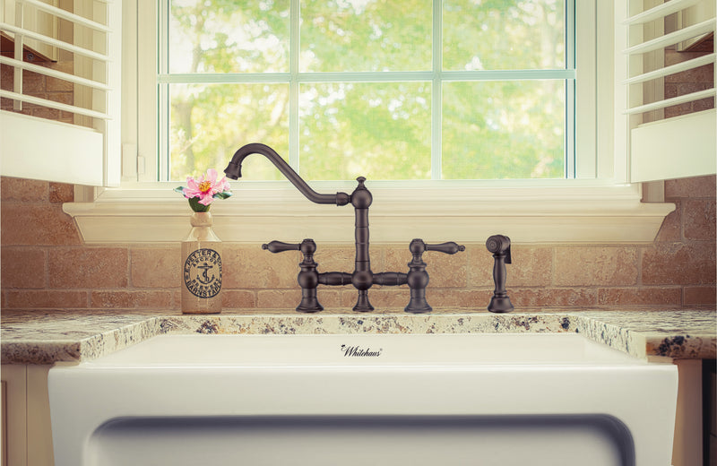 Whitehaus Vintage III Plus Bridge Faucet with Long Traditional Swivel Spout, Lever Handles and Solid Brass Side Spray