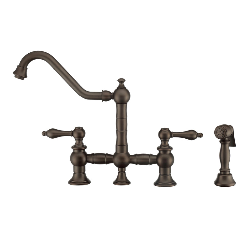 Whitehaus Vintage III Plus Bridge Faucet with Long Traditional Swivel Spout, Lever Handles and Solid Brass Side Spray