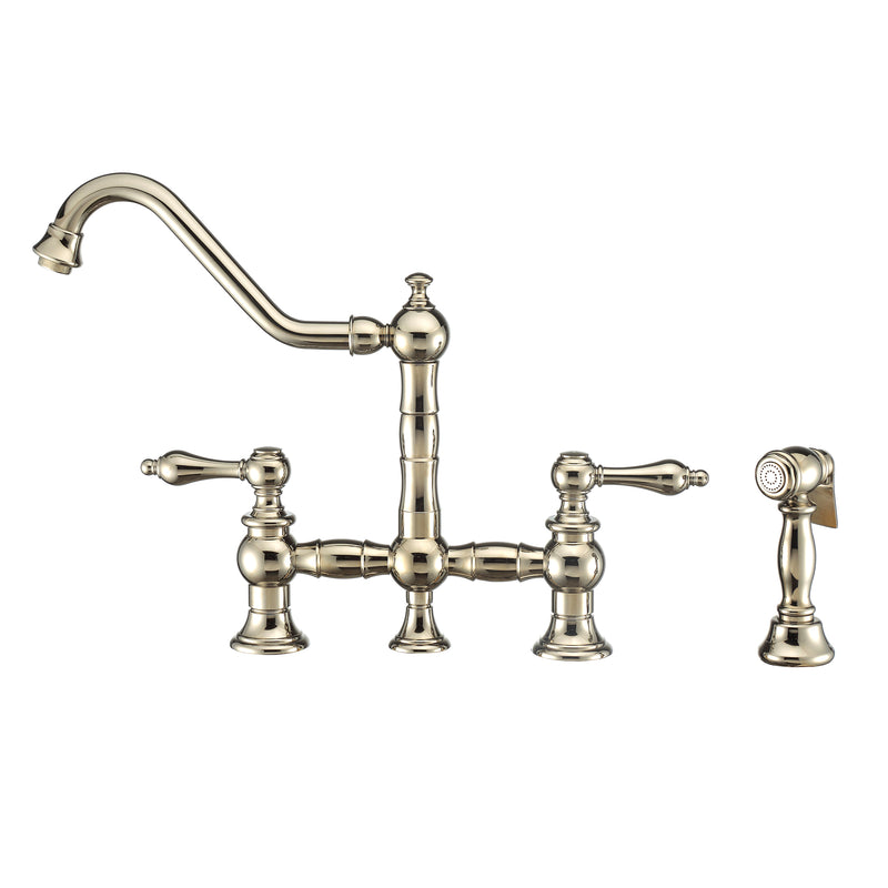 Whitehaus Vintage III Plus Bridge Faucet with Long Traditional Swivel Spout, Lever Handles and Solid Brass Side Spray