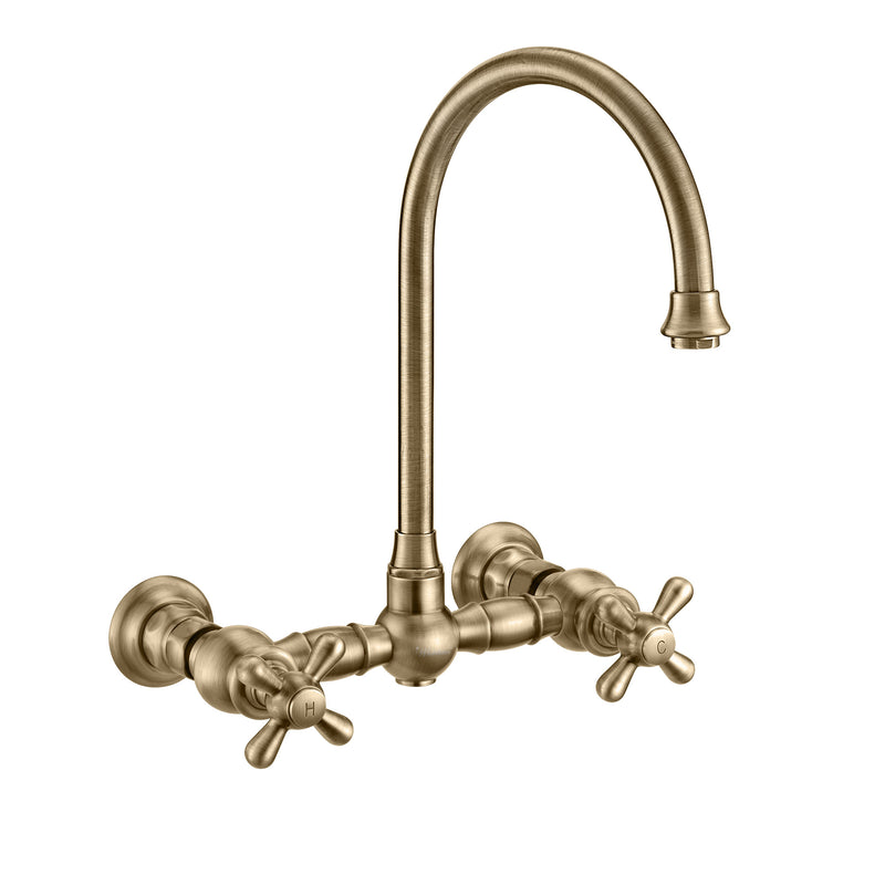 Whitehaus Vintage III Plus Wall Mount Faucet with a  Long Gooseneck Swivel Spout, Cross Handles and Solid Brass Side Spray