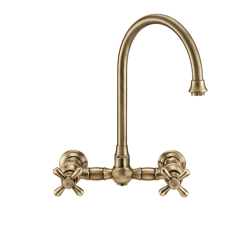 Whitehaus Vintage III Plus Wall Mount Faucet with a  Long Gooseneck Swivel Spout, Cross Handles and Solid Brass Side Spray