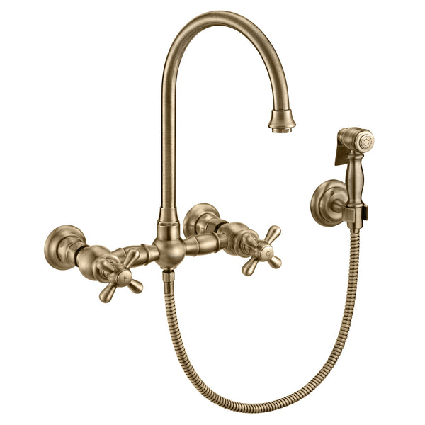 Whitehaus Vintage III Plus Wall Mount Faucet with a  Long Gooseneck Swivel Spout, Cross Handles and Solid Brass Side Spray