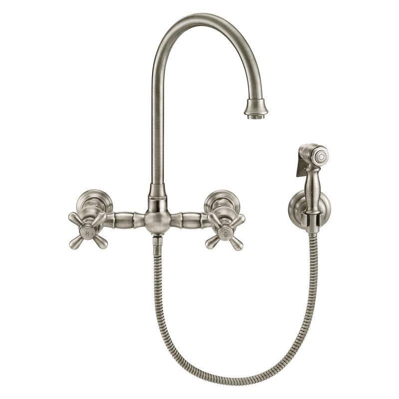 Whitehaus Vintage III Plus Wall Mount Faucet with a  Long Gooseneck Swivel Spout, Cross Handles and Solid Brass Side Spray