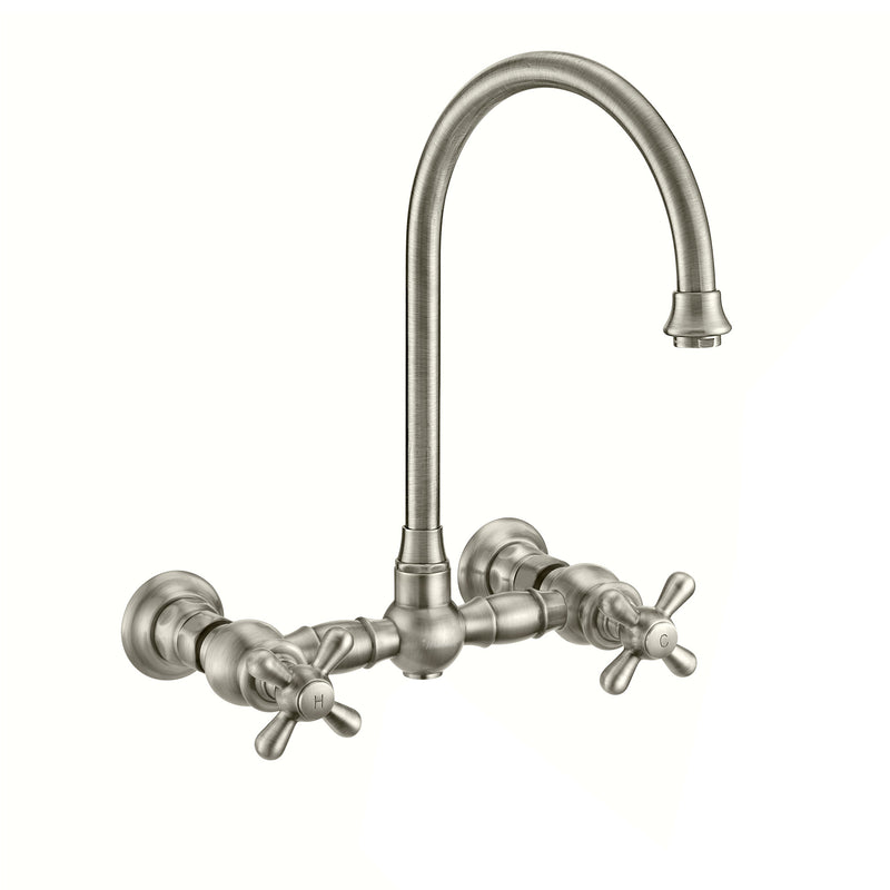 Whitehaus Vintage III Plus Wall Mount Faucet with a  Long Gooseneck Swivel Spout, Cross Handles and Solid Brass Side Spray