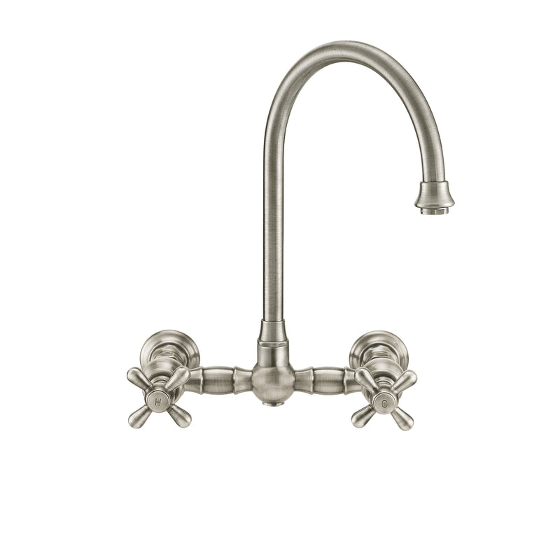 Whitehaus Vintage III Plus Wall Mount Faucet with a  Long Gooseneck Swivel Spout, Cross Handles and Solid Brass Side Spray