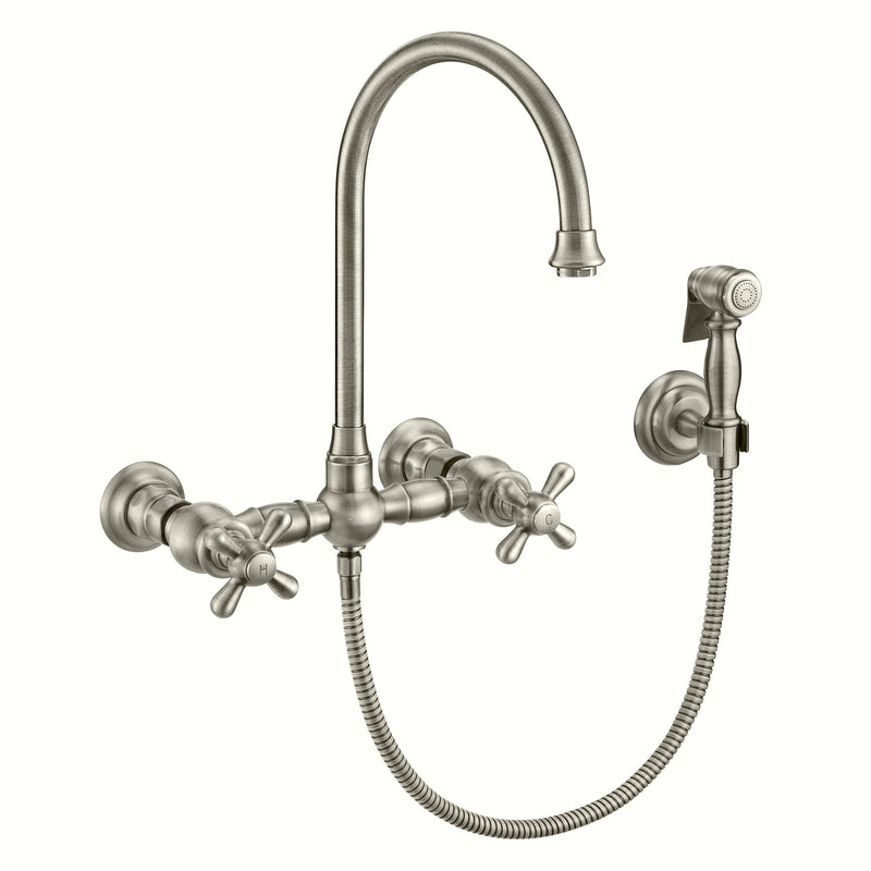 Whitehaus Vintage III Plus Wall Mount Faucet with a  Long Gooseneck Swivel Spout, Cross Handles and Solid Brass Side Spray