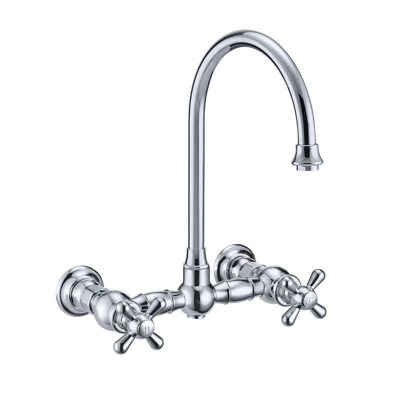 Whitehaus Vintage III Plus Wall Mount Faucet with a  Long Gooseneck Swivel Spout, Cross Handles and Solid Brass Side Spray