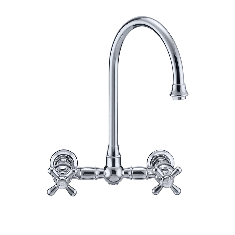 Whitehaus Vintage III Plus Wall Mount Faucet with a  Long Gooseneck Swivel Spout, Cross Handles and Solid Brass Side Spray