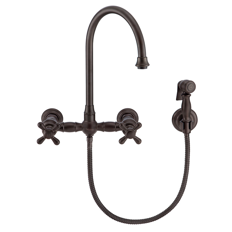 Whitehaus Vintage III Plus Wall Mount Faucet with a  Long Gooseneck Swivel Spout, Cross Handles and Solid Brass Side Spray