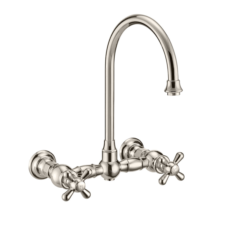 Whitehaus Vintage III Plus Wall Mount Faucet with a  Long Gooseneck Swivel Spout, Cross Handles and Solid Brass Side Spray