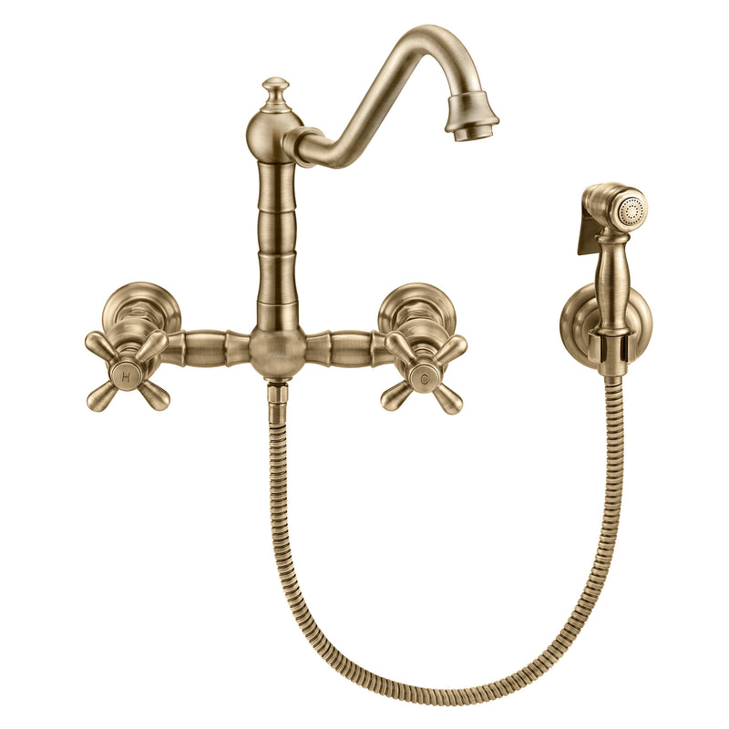 Whitehaus Vintage III Plus Wall Mount Faucet with a  Long Traditional Swivel Spout, Cross Handles and Solid Brass Side Spray