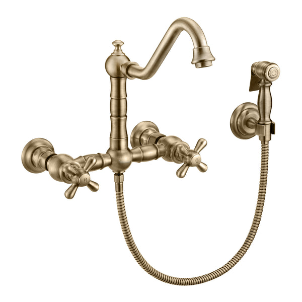 Whitehaus Vintage III Plus Wall Mount Faucet with a  Long Traditional Swivel Spout, Cross Handles and Solid Brass Side Spray