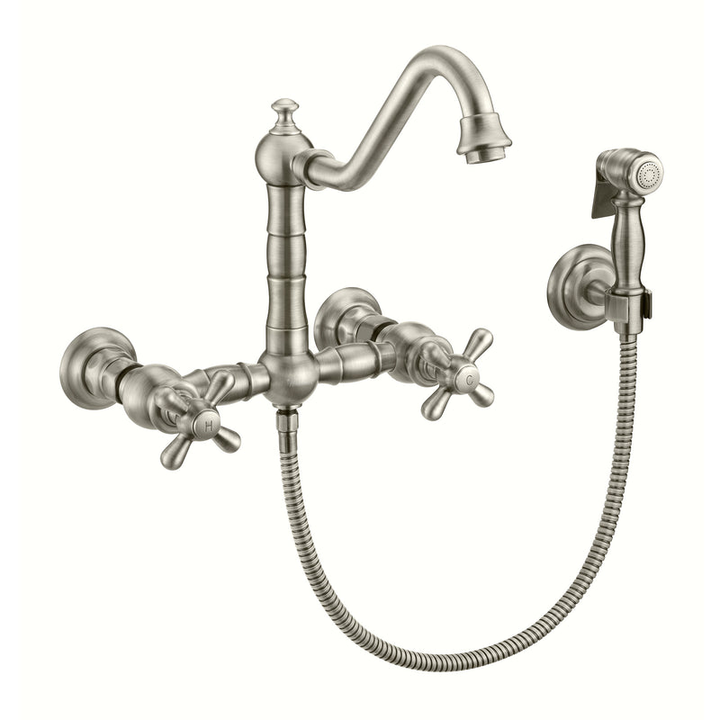 Whitehaus Vintage III Plus Wall Mount Faucet with a  Long Traditional Swivel Spout, Cross Handles and Solid Brass Side Spray