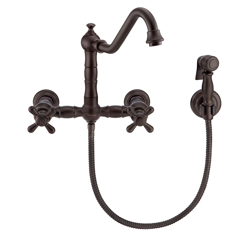 Whitehaus Vintage III Plus Wall Mount Faucet with a  Long Traditional Swivel Spout, Cross Handles and Solid Brass Side Spray