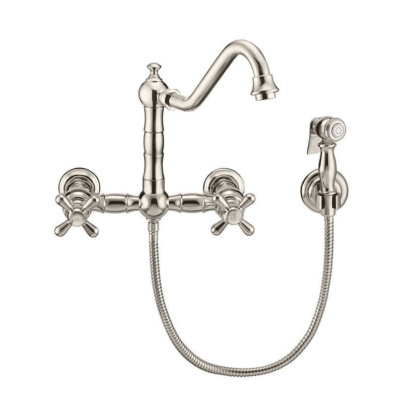 Whitehaus Vintage III Plus Wall Mount Faucet with a  Long Traditional Swivel Spout, Cross Handles and Solid Brass Side Spray