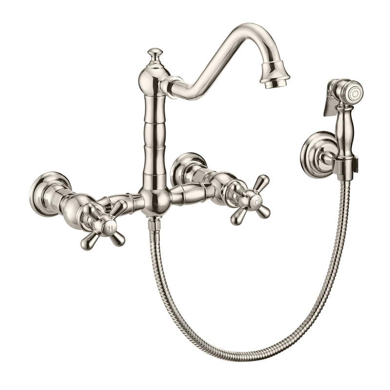 Whitehaus Vintage III Plus Wall Mount Faucet with a  Long Traditional Swivel Spout, Cross Handles and Solid Brass Side Spray