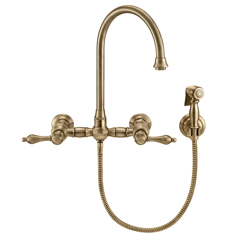 Whitehaus Vintage III Plus Wall Mount Faucet with a  Long Gooseneck Swivel Spout, Lever Handles and Solid Brass Side Spray