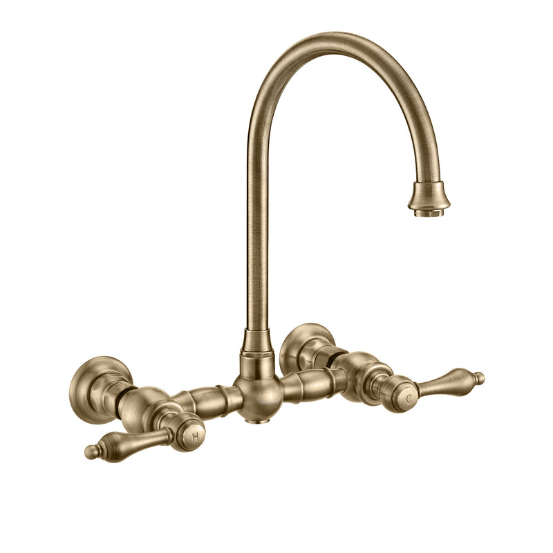 Whitehaus Vintage III Plus Wall Mount Faucet with a  Long Gooseneck Swivel Spout, Lever Handles and Solid Brass Side Spray