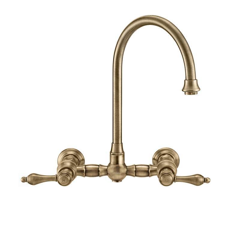 Whitehaus Vintage III Plus Wall Mount Faucet with a  Long Gooseneck Swivel Spout, Lever Handles and Solid Brass Side Spray