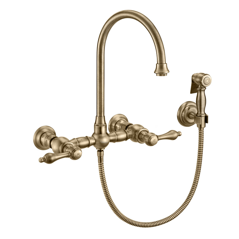 Whitehaus Vintage III Plus Wall Mount Faucet with a  Long Gooseneck Swivel Spout, Lever Handles and Solid Brass Side Spray