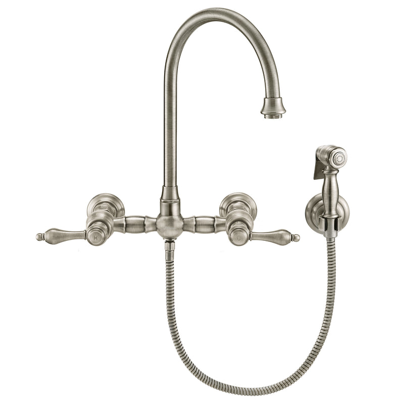 Whitehaus Vintage III Plus Wall Mount Faucet with a  Long Gooseneck Swivel Spout, Lever Handles and Solid Brass Side Spray