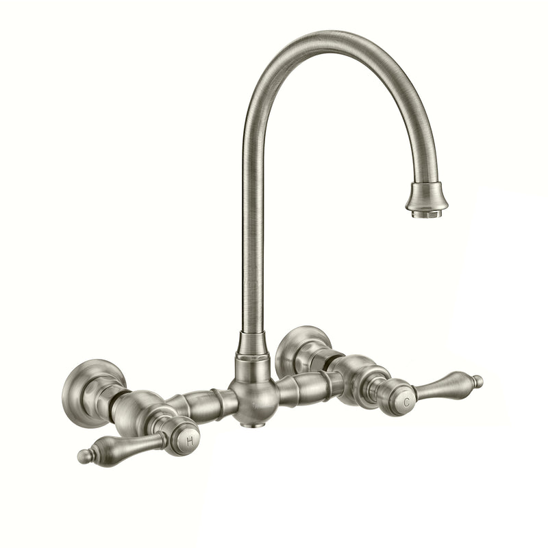 Whitehaus Vintage III Plus Wall Mount Faucet with a  Long Gooseneck Swivel Spout, Lever Handles and Solid Brass Side Spray