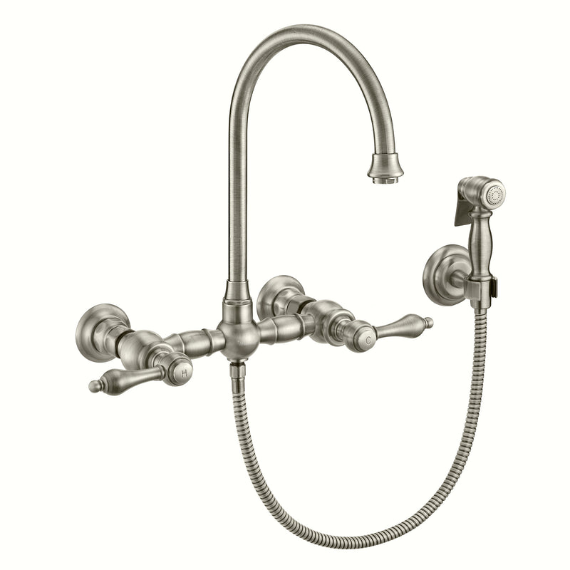 Whitehaus Vintage III Plus Wall Mount Faucet with a  Long Gooseneck Swivel Spout, Lever Handles and Solid Brass Side Spray