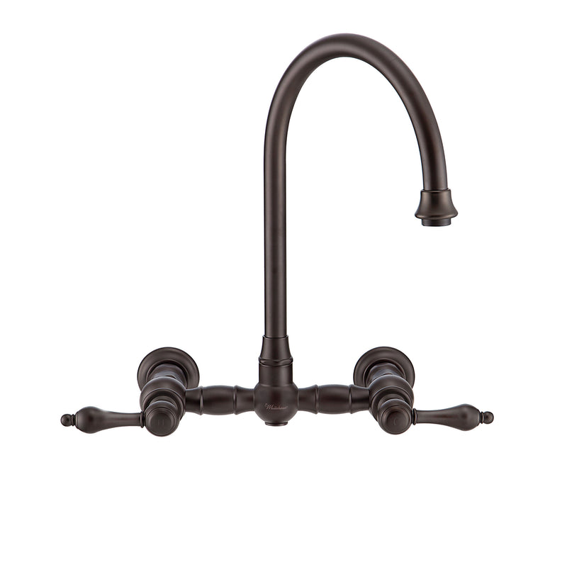 Whitehaus Vintage III Plus Wall Mount Faucet with a  Long Gooseneck Swivel Spout, Lever Handles and Solid Brass Side Spray