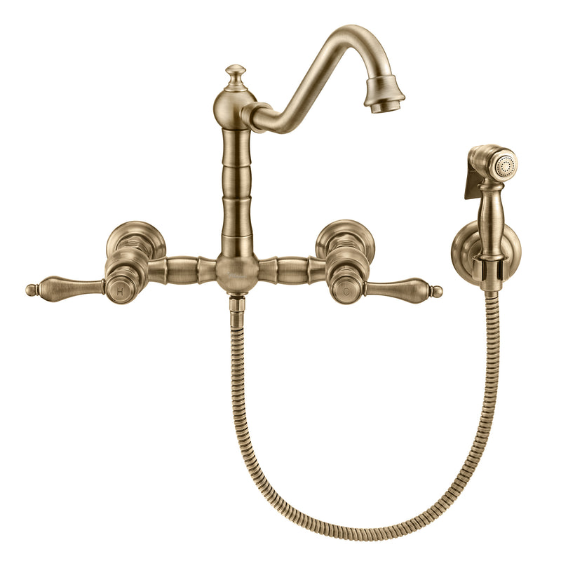 Whitehaus Vintage III Plus Wall Mount Faucet with a  Long Traditional Swivel Spout, Lever Handles and Solid Brass Side Spray