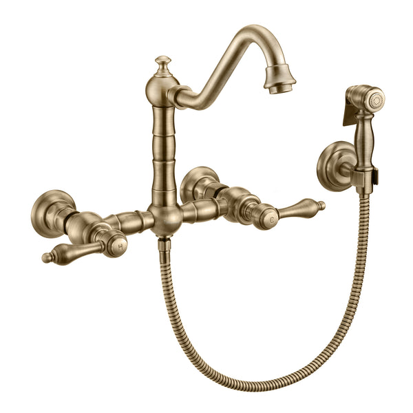 Whitehaus Vintage III Plus Wall Mount Faucet with a  Long Traditional Swivel Spout, Lever Handles and Solid Brass Side Spray