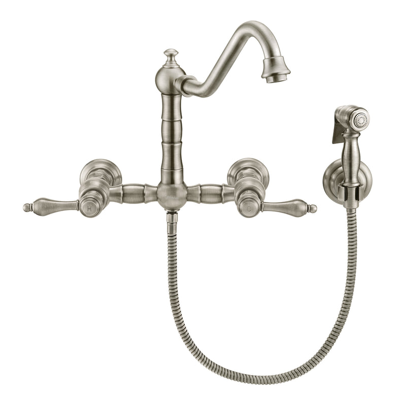 Whitehaus Vintage III Plus Wall Mount Faucet with a  Long Traditional Swivel Spout, Lever Handles and Solid Brass Side Spray