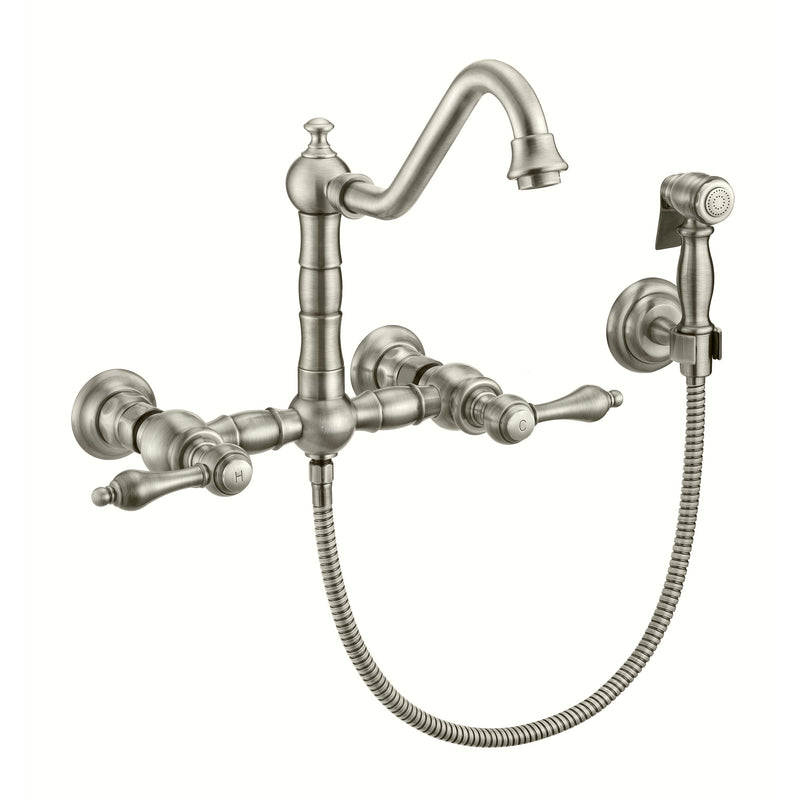 Whitehaus Vintage III Plus Wall Mount Faucet with a  Long Traditional Swivel Spout, Lever Handles and Solid Brass Side Spray