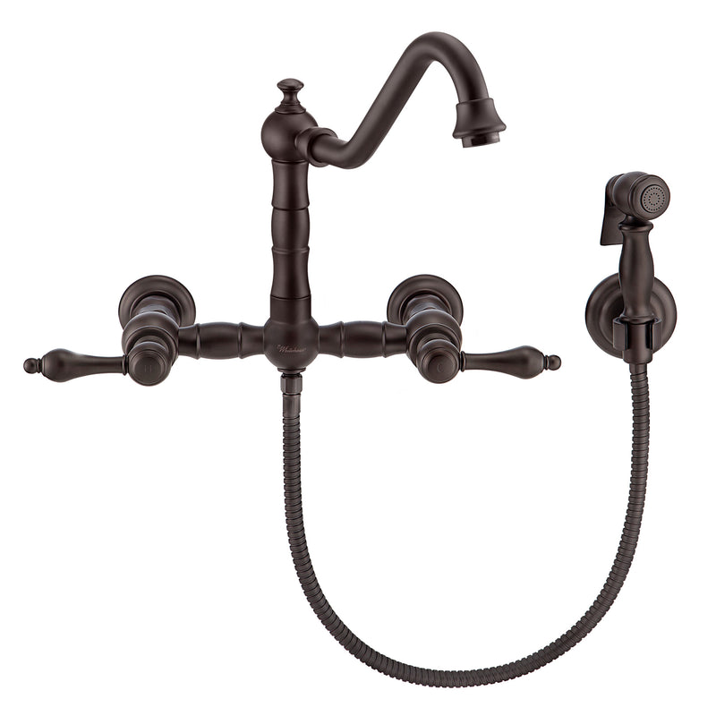 Whitehaus Vintage III Plus Wall Mount Faucet with a  Long Traditional Swivel Spout, Lever Handles and Solid Brass Side Spray