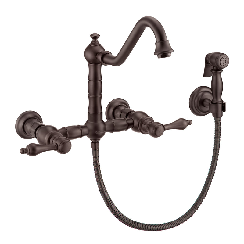 Whitehaus Vintage III Plus Wall Mount Faucet with a  Long Traditional Swivel Spout, Lever Handles and Solid Brass Side Spray