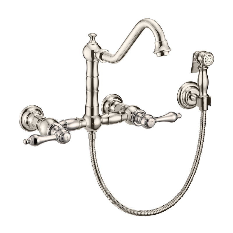 Whitehaus Vintage III Plus Wall Mount Faucet with a  Long Traditional Swivel Spout, Lever Handles and Solid Brass Side Spray