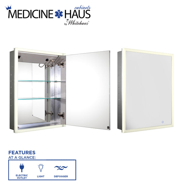 Whitehaus Medicinehaus Recessed Single Mirrored Door Medicine Cabinet with Outlet, Defogger, LED Power Button and Dimmer for Light