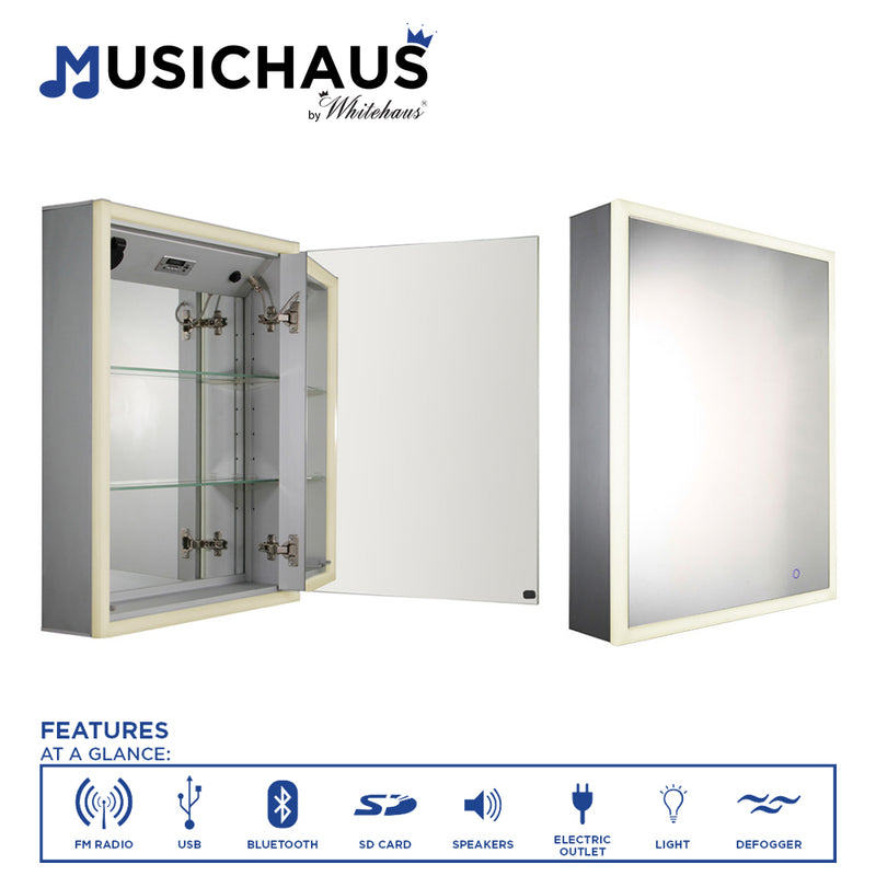 Whitehaus Musichaus Single Mirrored Door Medicine Cabinet with USB, SD Card, Bluetooth, FM radio, Speakers, Defogger, & Dimmer