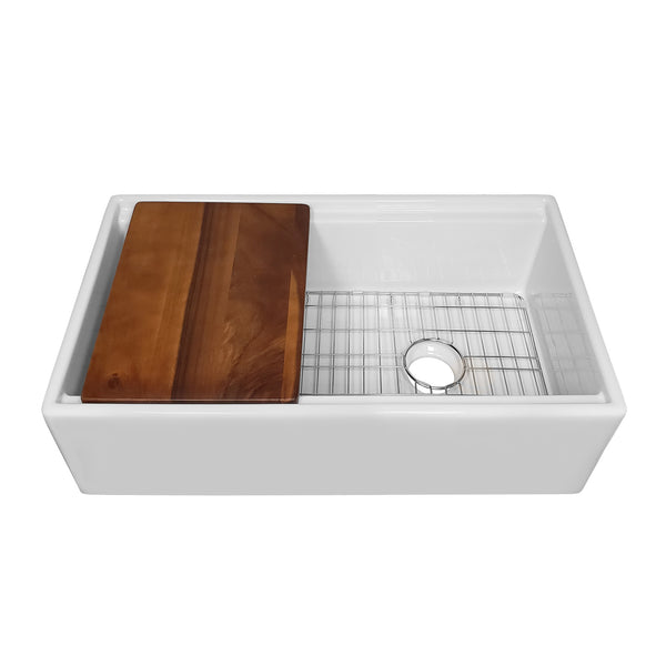 Whitehaus Whitehaus Collection 30" Reversible Single Bowl Fireclay Sink Set with a Smooth Front Apron, Walnut Wood Cutting Board and Stainless Steel Grid