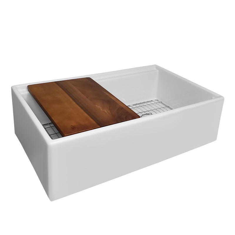 Whitehaus Whitehaus Collection 30" Reversible Single Bowl Fireclay Sink Set with a Smooth Front Apron, Walnut Wood Cutting Board and Stainless Steel Grid