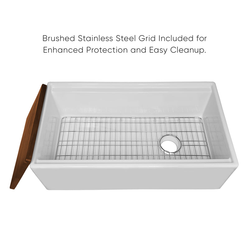 Whitehaus Whitehaus Collection 30" Reversible Single Bowl Fireclay Sink Set with a Smooth Front Apron, Walnut Wood Cutting Board and Stainless Steel Grid